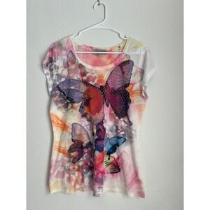 Closet Full Butterfly Print Rhinestone Embellished T Shirt Top Womens Size L